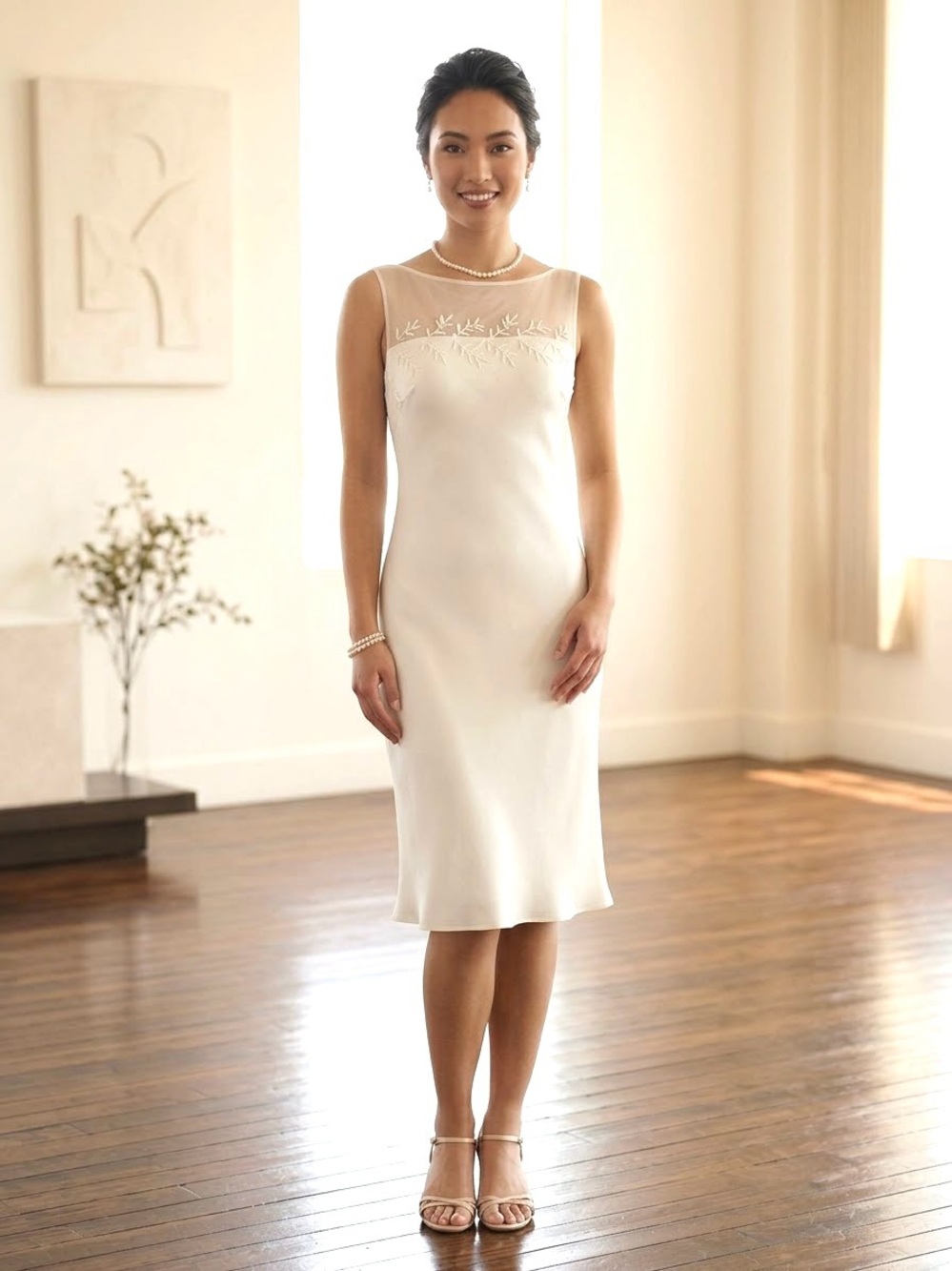 Evan-Picone White Illusion Neckline Sheath Dress Cowl Back Petite 6P VTG